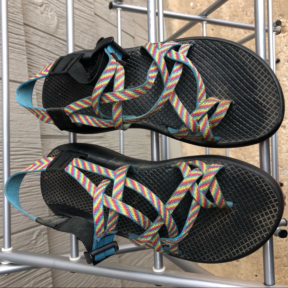 Rainbow double thin strap toe strap Chacos with orange bottoms